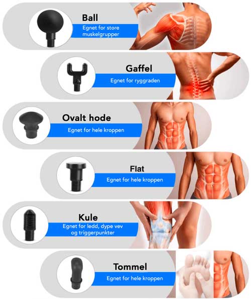 Massagehuvuden till EliteGun Pro: boll, gaffel, ovalt huvud, platt, kula och tumme